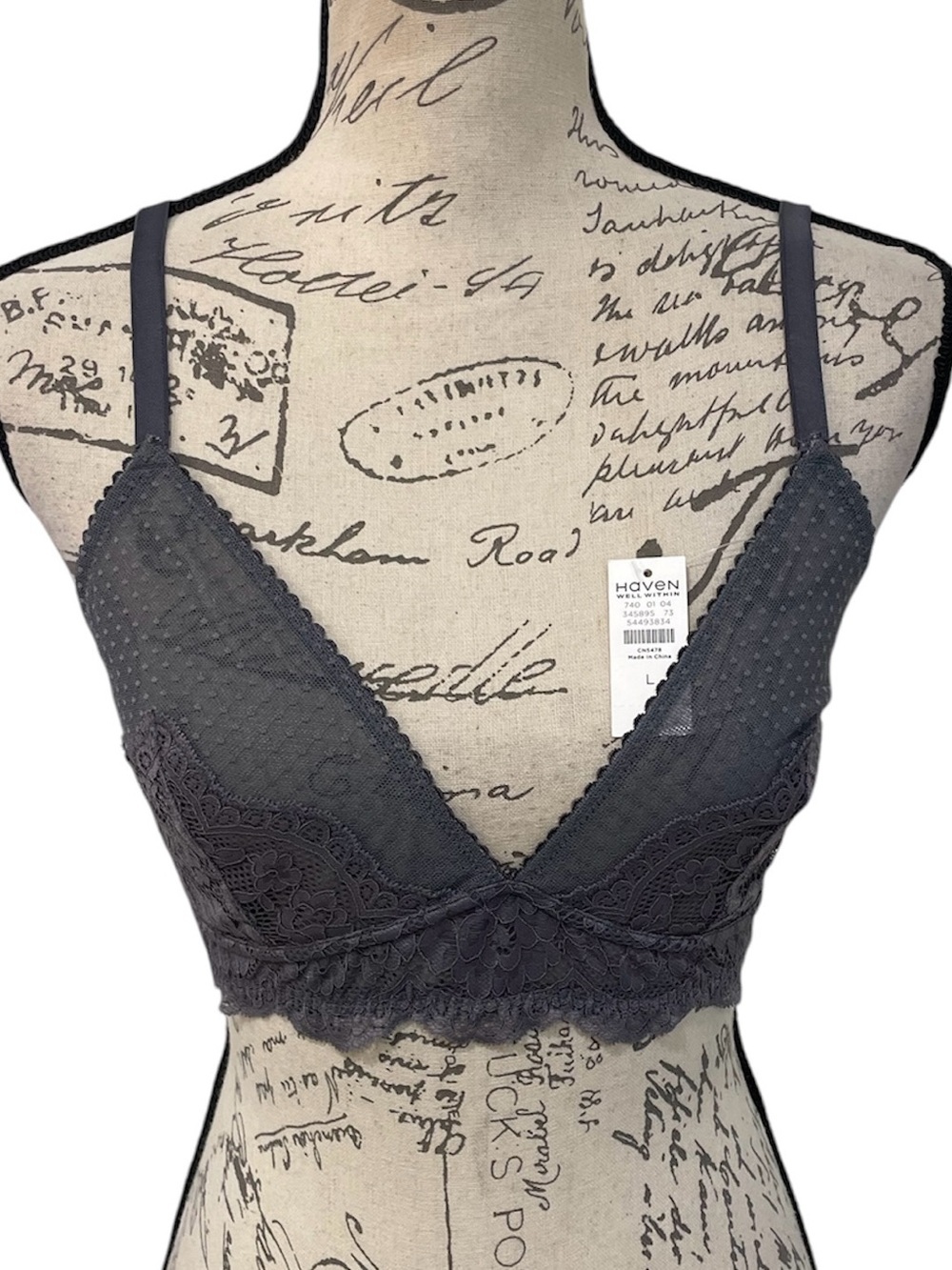 Haven Well Within Charcoal Gray Lace Bralette Large Scalloped Trim
